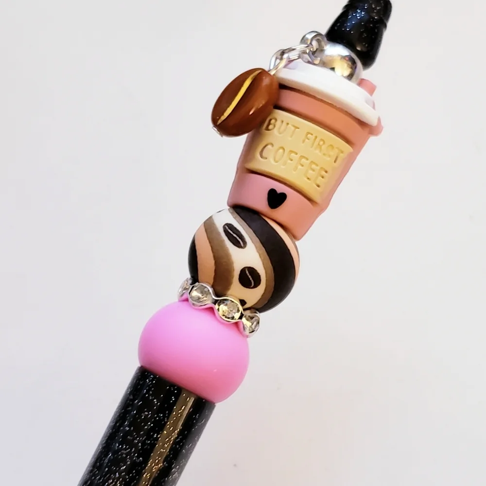 Handmade Glitter But First Coffee Beaded Silicone Focal Bead Pen